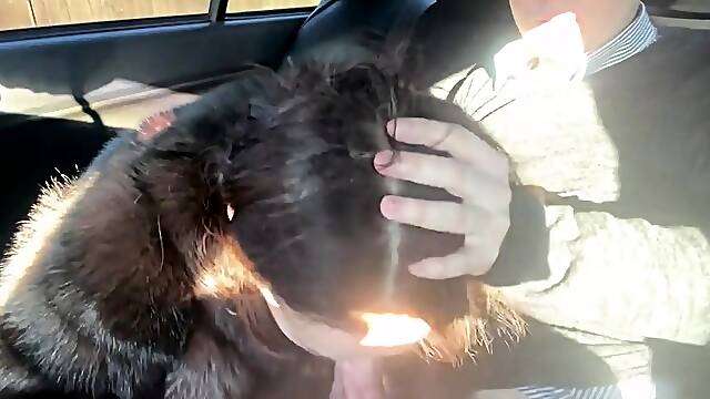 Fur-coated stepmom gives stepson a blowjob in the car