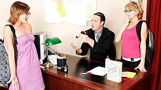 Hot Co-eds Eve Nicholson and Lexi Belle fuck their professor in class