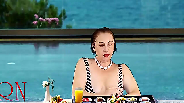 Regina Noir Melons teasing at swimming pool Nudist hotel Nudism outdoors