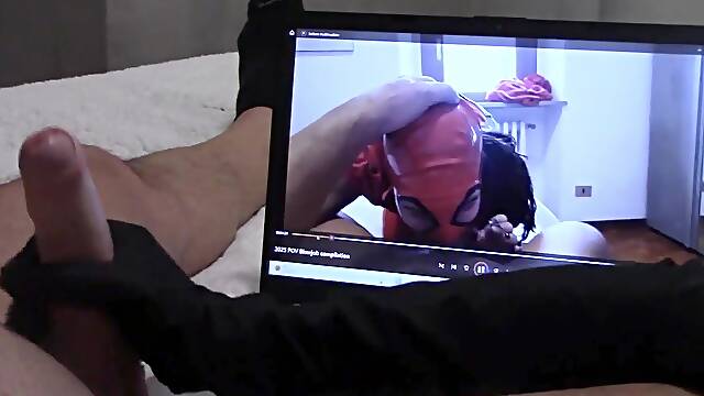 Gift to my giant fan: tugjob in gloves, whilst is watching one of my movie scenes, with spunk fountain