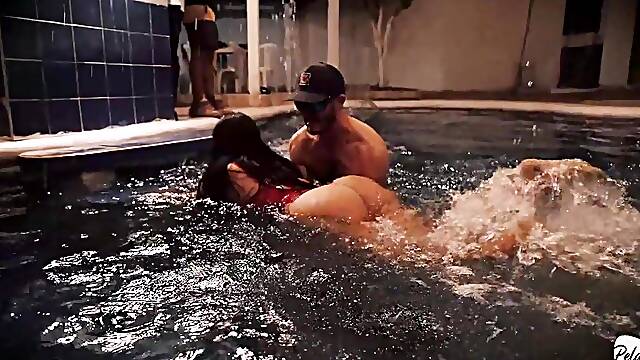 Spouse gives his breasty Lalin girl a pool and this babe cheats on him by sucking the instructor's jock