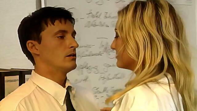 In the office, the secretary bows over and the boss falls for it.