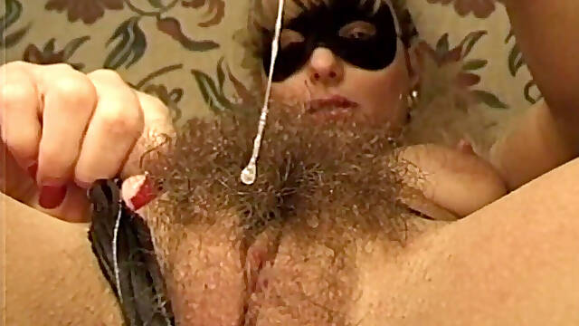 Hot Amateur Masked MILF Wife Masturbates Her Hairy Pussy with a Big Dildo