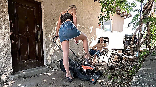 Clear Sandals, Cranking Mower &amp; Cum on My Shoe Outdoor Fetish JOI